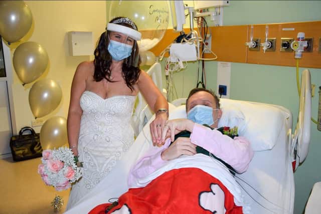 Awaiting open-heart surgery and confined to a hospital bed, Steven Cairns and Katie were determined to have their special day by any means.