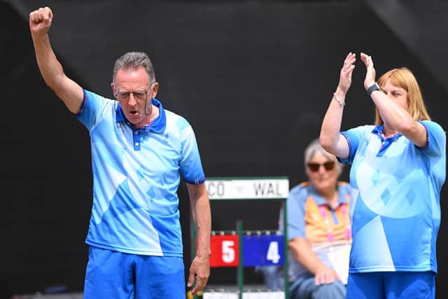 George Miller punches the air with delight during Scotland's victory over Wales in the Para Mixed Pairs B2/B3 - Gold Medal match. (Photo by Nathan Stirk/Getty Images)