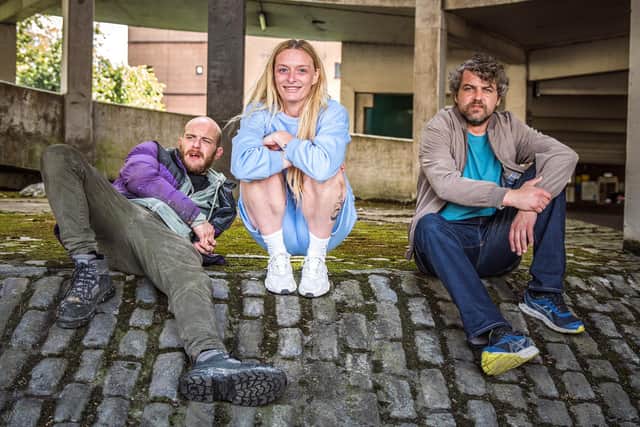 Conor McCarron, Shannon Allan and Billy Howe star as Zoso, Laura and Billy in Dog Days. Picture: Grant Keelan