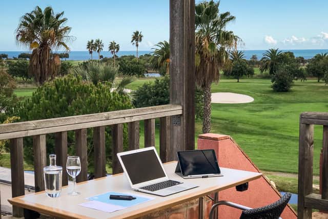 A workstation at Quinta Da Ria in the Algarve, Portugal. Better than your average office view. Expect 300 days of sunshine per year and winter temperatures rarely dropping below 15C.
