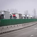 Trucks queue to enter to the Giurgiu-Ruse border point between Romania and Bulgaria.