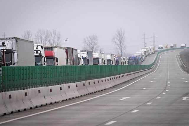 Trucks queue to enter to the Giurgiu-Ruse border point between Romania and Bulgaria.