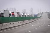 Trucks queue to enter to the Giurgiu-Ruse border point between Romania and Bulgaria.