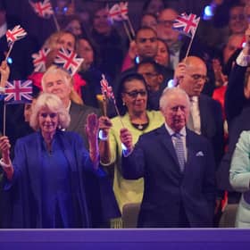 Prince William, Prince of Wales, Queen Camilla and King Charles III in the Royal Box at the Coronation Concert in the grounds of Windsor Castle. Photo by Yui Mok (WPA Pool/Getty Images)