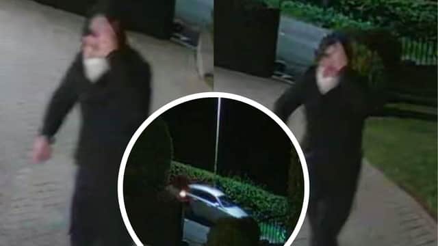 Police have released images of a man dressed in black and a car following a fireraising incident which occurred at about 12.50am on Wednesday, 19 May, 2021 at Peter Lawwell's house in the Thorntonhall area
