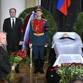 US ambassador to Russia John Joseph Sullivan, second left, walks to the coffin of former Soviet President Mikhail Gorbachev