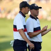 Jordan Spieth and Justin Thomas chat during the 2023 Ryder Cup at Marco Simone Golf Club in Rome. Picture: Jamie Squire/Getty Images.