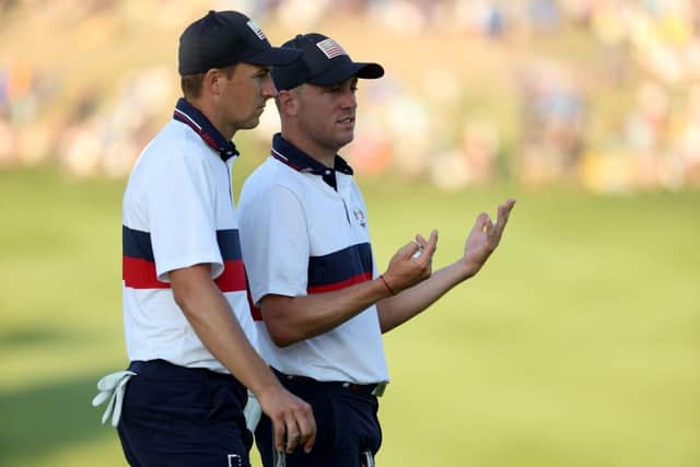 Jordan Spieth and Justin Thomas chat during the 2023 Ryder Cup at Marco Simone Golf Club in Rome. Picture: Jamie Squire/Getty Images.