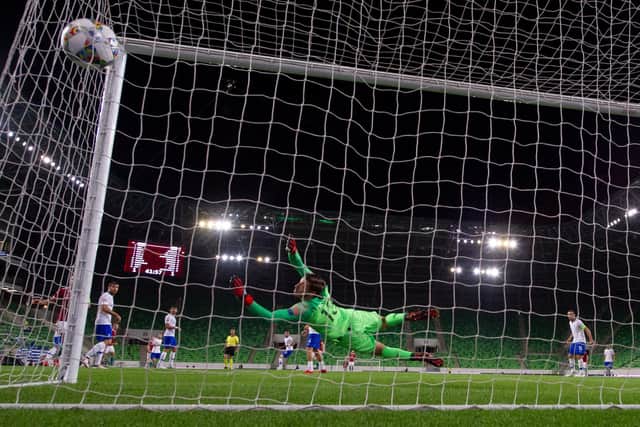 Greece's goalkeeper Vasilis Barkas reaches for the ball during a Nations League encounter away to Hungary in September 11, 2018, (Photo by ATTILA KISBENEDEK/AFP via Getty Images)