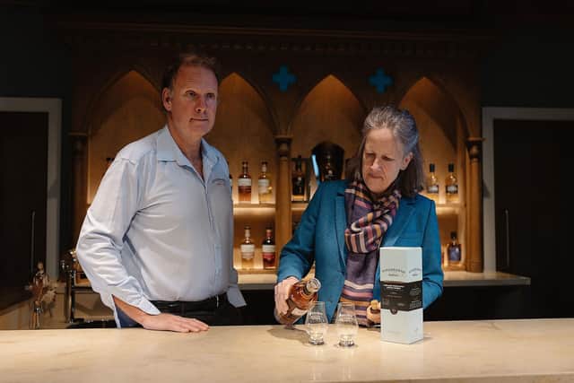 William and Isabella Wemyss with Kingsbarns Distillery's first age statement whisky.