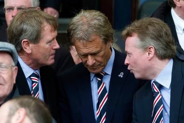 Craig Whyte (right) in conversation with then Rangers director Dave King (left) and chairman Alastair Johnston (centre) before the Premier League title was clinched against Kilmarnock at Rugby Park on May 15, 2011. (Photo by Alan Harvey/SNS Group).