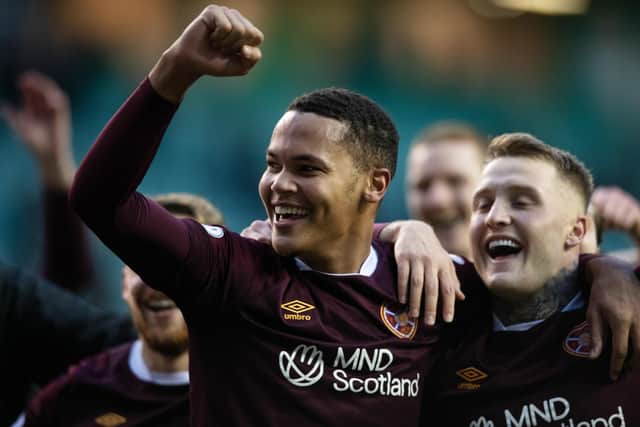Toby Sibbick celebrates scoring Hearts' third goal in the 3-0 win over Hibs in the Scottish Cup fourth round. (Photo by Mark Scates / SNS Group)