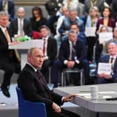 Russian president Vladimir Putin holding his year-end press conference at Gostiny Dvor exhibition hall in central Moscow. Picture: Alexander Kazakov/AFP via Getty Images