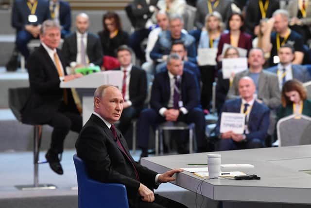 Russian president Vladimir Putin holding his year-end press conference at Gostiny Dvor exhibition hall in central Moscow. Picture: Alexander Kazakov/AFP via Getty Images