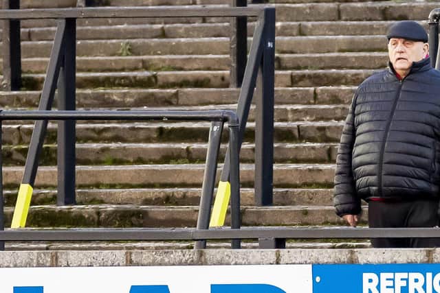 Arbroath manager Dick Campbell watched from the terrace in the first half before returning to the dugout for the second. (Photo by Roddy Scott / SNS Group)