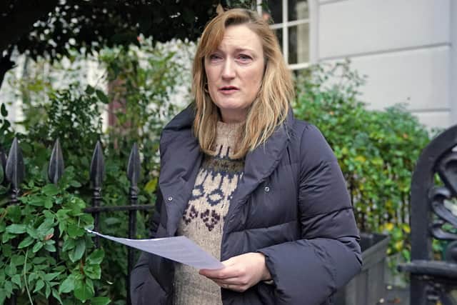 Allegra Stratton speaking outside her home in north London where she announced that she has resigned as an adviser to Boris Johnson.