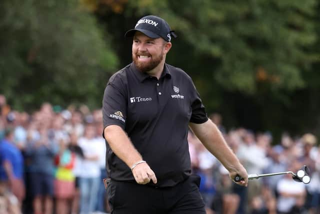 Shane Lowry celebrates after putting on the 18th hole to take the lead in the BMW PGA Championship at Wentworth. Picture: Warren Little/Getty Images.