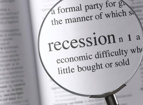 The Bank of England reports that an "economy is in recession when it has two consecutive quarters (i.e. six months) of negative growth."
