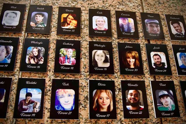 "The Faces of Fentanyl" wall, which displays photographs of Americans who died from a fentanyl overdose, at the Drug Enforcement Administration headquarters in Arlington, Virginia (Picture: Agnes Bun/AFP via Getty Images)