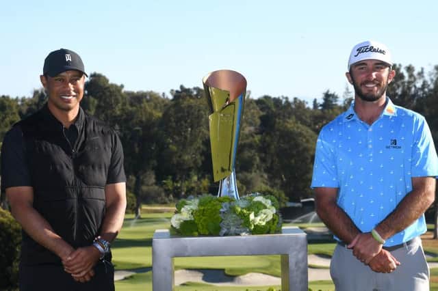 Tournament host Tiger Woods pictured with winner Max Homa after the final round of the the Genesis Invitational at Riviera Country Club in Los Angeles. Picture: Harry How/Getty Images.