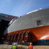 The bow of HMS Glasgow has been rolled out at a shipyard on the River Clyde. Pic: John Linton