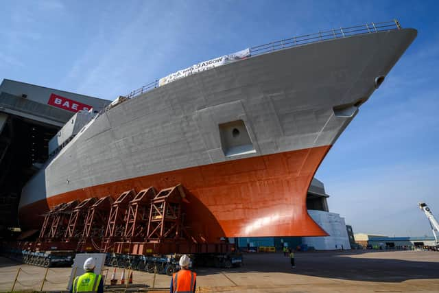 The bow of HMS Glasgow has been rolled out at a shipyard on the River Clyde. Pic: John Linton