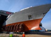 The bow of HMS Glasgow has been rolled out at a shipyard on the River Clyde. Pic: John Linton