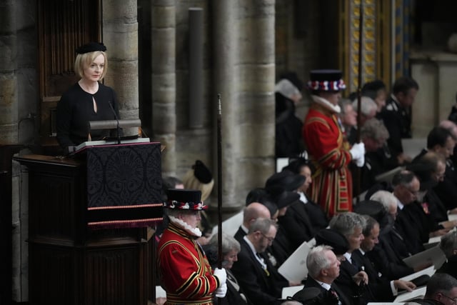 Prime Minister Liz Truss speaking during the State Funeral of Queen Elizabeth II, held at Westminster Abbey, London. Picture; 19/09/2022