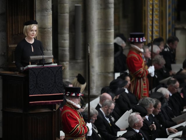 Prime Minister Liz Truss speaking during the State Funeral of Queen Elizabeth II, held at Westminster Abbey, London. Picture; 19/09/2022