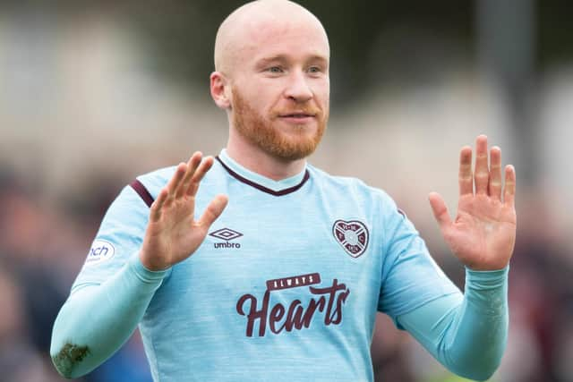 Celebrates the second of his double in Hearts' 5-0 win. (Photo by Mark Scates / SNS Group)