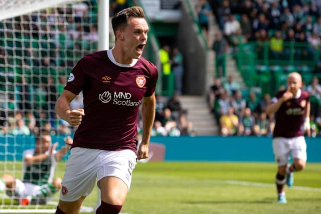 Hearts striker Lawrence Shankland wheels away after scoring the opener in Sunday's Edinburgh derby (Photo by Alan Harvey / SNS Group)