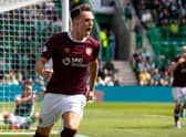 Hearts striker Lawrence Shankland wheels away after scoring the opener in Sunday's Edinburgh derby (Photo by Alan Harvey / SNS Group)