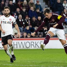 Hearts' Lawrence Shankland scores to make it 2-0 against Aberdeen.