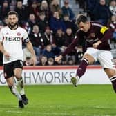 Hearts' Lawrence Shankland scores to make it 2-0 against Aberdeen.
