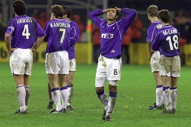 Giovanni van Bronckhorst reacts as Rangers lose to Borussia Dortmund in a penalty shoot-out during the UEFA Cup tie between the clubs in 1999. (Photo by SNS Group).