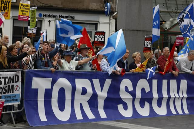 Protesters outside the Tory leadership hustings in Perth. Picture: Jeff J Mitchell/Getty Images