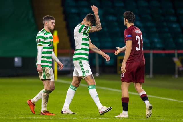 Nir Bitton and Ryan Christie (left) trudge off at full-time as Celtic are defeated by Sparta Prague.