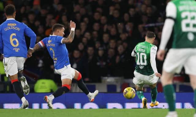 Martin Boyle evades Rangers captain James Tavernier to make it 2-0 to Hibs in the Premier Sports Cup semi-final at Hampden. (Photo by Alan Harvey / SNS Group)