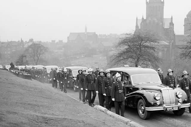 Funeral of 19 firemen who died in the Arbuckle Smith whisky bond fire at Cheapside Street in Glasgow in March 1960.