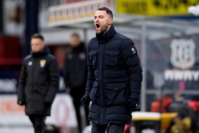 Dundee manager James McPake looks frustrated during a cinch Premiership match between Dundee and Ross County the Kilmac Stadium at Dens Park, on February 05, 2022, in Dundee, Scotland.  (Photo by Mark Scates / SNS Group)