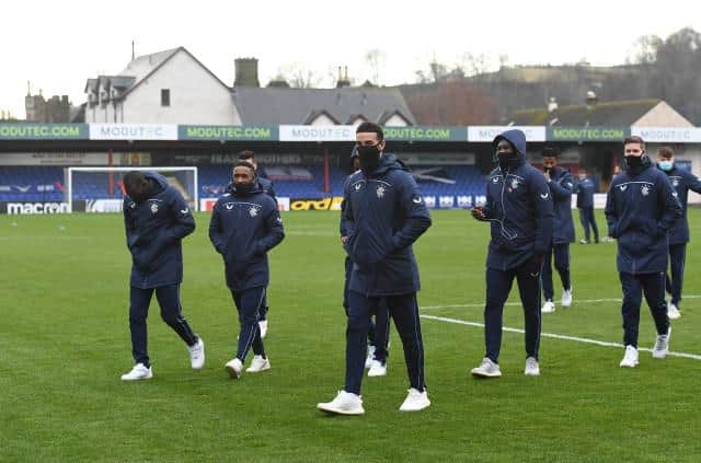 Rangers players on the pitch ahead of kick off during the Scottish Premiership match between Ross County and Rangers at the Global Energy Stadium on December 06, 2020, in Dingwall, Scotland. (Photo by Craig Foy / SNS Group)