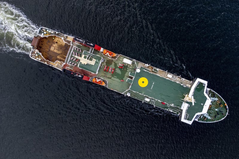 An aerial drone image of the Glen Sannox, as it sails down the Clyde at the start of three days of sea trials on Tuesday. Picture: Jane Barlow/PA Wire