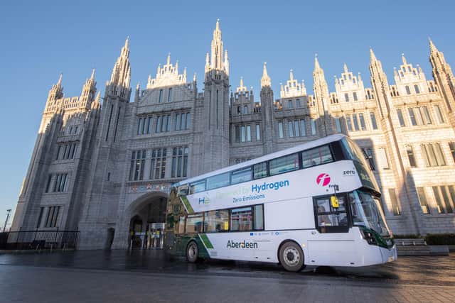 One of  Aberdeen's 15 operational hydrogen double decker buses. The transformation of the city's First Bus depot to make it hydrogen ready was  a world first. PIC: Contributed.