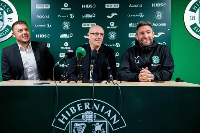 McDermott addressed the media alongside Hibs chief executive Ben Kensell, left, and manager Lee Johnson, right.