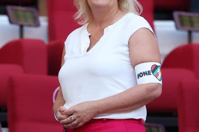 German Federal Minister of the Interior and Community Nancy Faeser wears a One Love armband during the FIFA World Cup Qatar 2022 Group E match between Germany and Japan at Khalifa International Stadium on November 23, 2022 in Doha, Qatar. (Photo by Alex Grimm/Getty Images)