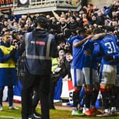 Rangers' Fashion Sakala celebrates making it 1-0 against Dundee United at Tannadice.