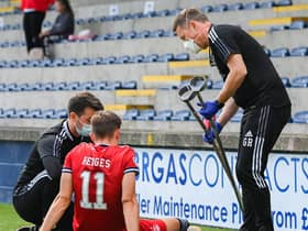 Aberdeen's Ryan Hedges left Stark's Park on crutches.