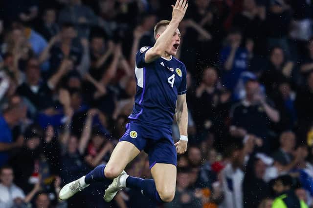 Scotland's Scott McTominay celebrates netting against Georgia in June, scoring form he has now taken into his club environment after a remarkable late double for Manchester United at the weekend to dig them out of a hole against Brentford. (Photo by Craig Williamson / SNS Group)