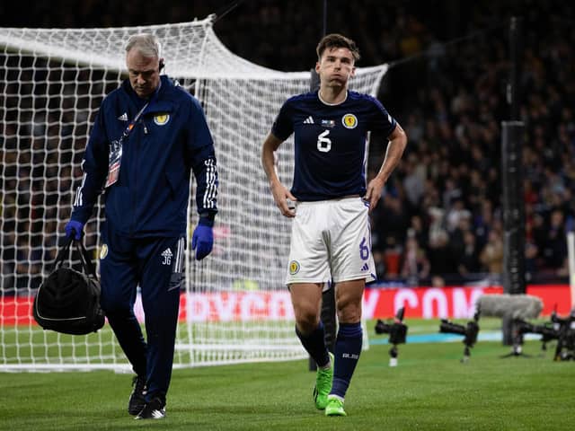 Kieran Tierney comes off with a head knock during the win over Republic of Ireland at Hampden. (Photo by Craig Williamson / SNS Group)