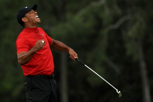 Tiger Woods celebrates winning the Masters for the fifth time at Augusta National in Aprill 2019. Picture: Mike Ehrmann/Getty Images